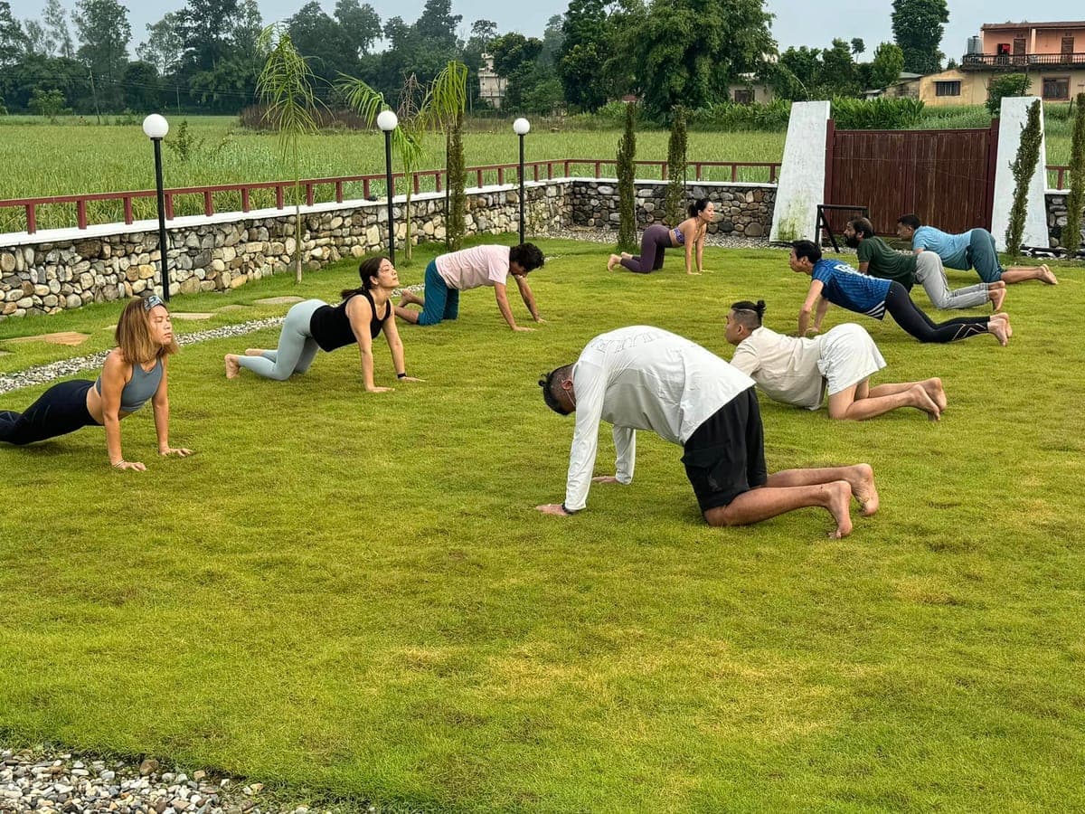 Outdoor yoga practice on a Himalayan retreat